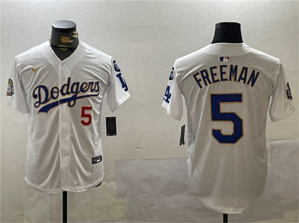Mens Los Angeles Dodgers #5 Freddie Freeman White Gold 2024 World Series With Fernando Memorial Patch Home Limited Stitched Jersey
